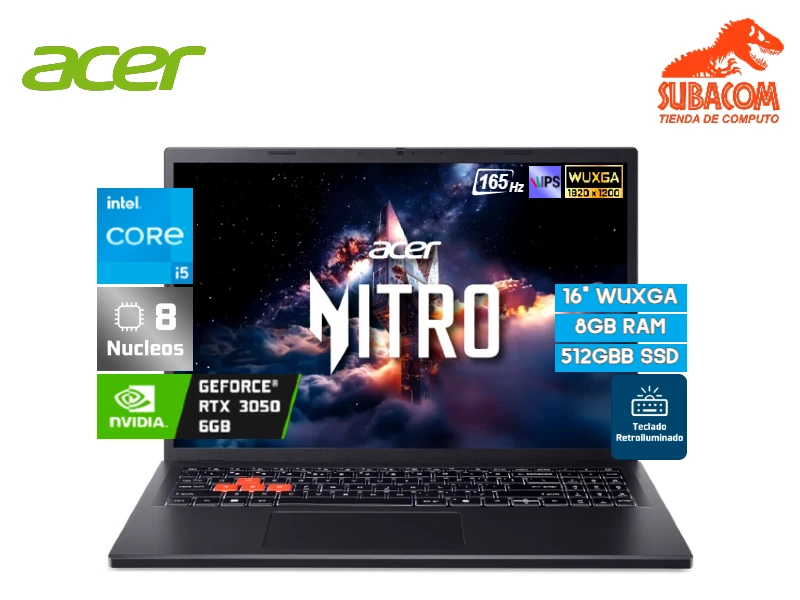 ACER NITRO LITE NL16-71G-52K7, INTEL CORE I5-13420H, RAM 8GB DDR5, SSD 512GB, NVIDIA RTX 3050 DE 6GB, PANT. 16" WUXGA IPS 165HZ, WINDOWS 11 HOME, COLOR NEGRO