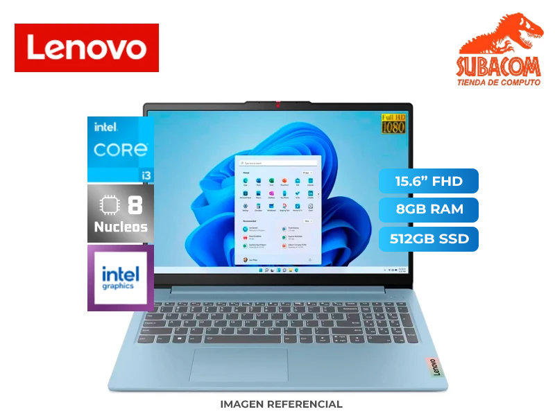 LENOVO IDEAPAD SLIM 3, I3-N305, RAM 8GB DDR5, SSD 512GB, PANT. 15.6" FHD, FREEDOS, FROST BLUE