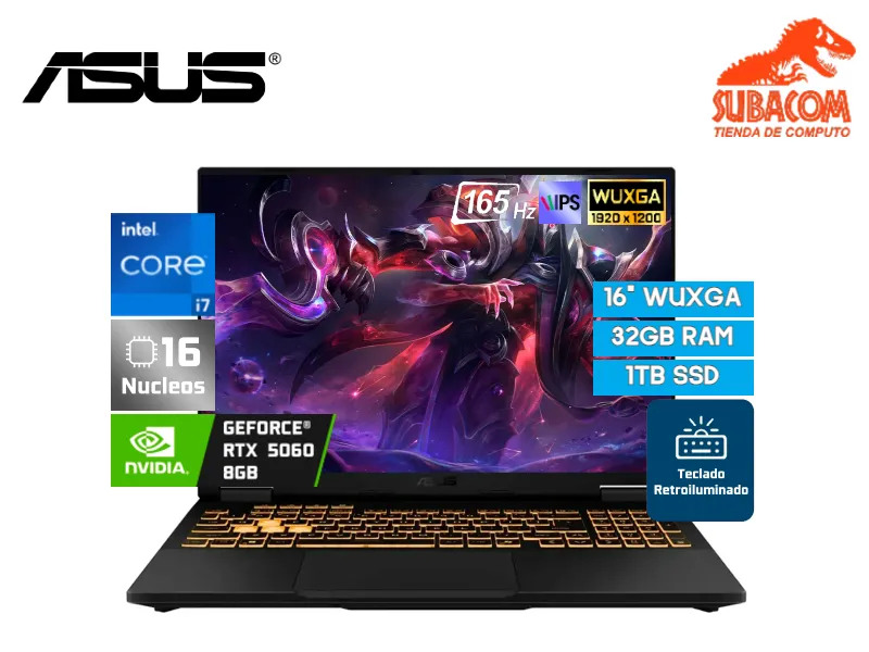 ASUS TUF GAMING F16 FX608JMR-F16.I75060, INTEL CORE I7-14650HX, RAM 32GB (2*16) DDR5, SSD 1TB, NVIDIA RTX 5060 DE 8GB, PANT. 16" WUXGA IPS 165HZ, 4 CELDAS, WINDOWS 11 HOME, COLOR NEGRO