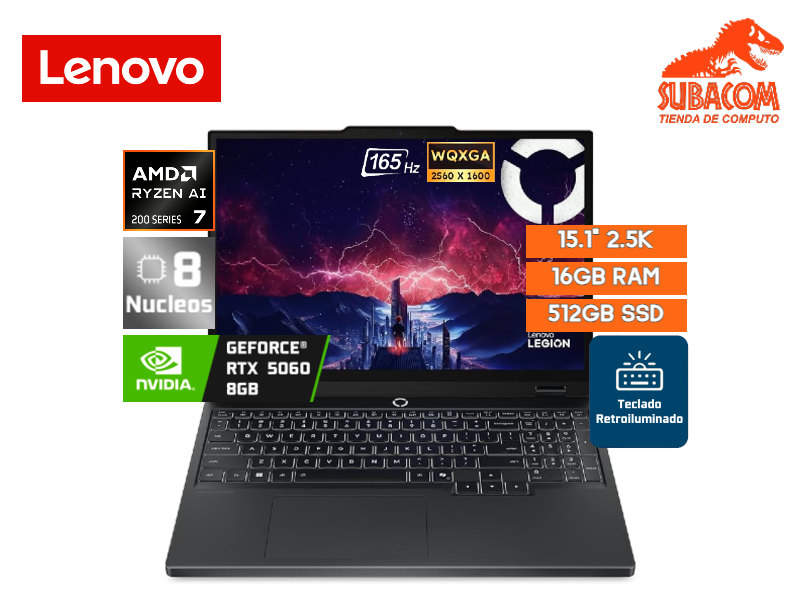 LENOVO LEGION 5 15AHP10, AMD RYZEN 7 260, RAM 16GB DDR5, SSD 512GB, NVIDIA RTX 5060 DE 8GB, PANT. 15.1" 2.5K WQXGA OLED 165HZ, 4 CELDAS, WINDOWS 11 HOME, COLOR NEGRO