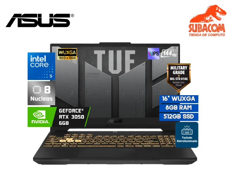 ASUS TUF GAMING F16 FFX607VJ-RL016, INTEL CORE 5 210H, RAM 8GB DDR4, SSD 512GB, NVIDIA RTX 3050 6GB, PANT. 16" WUXGA 144HZ IPS, ESPAÑOL, 4 CELDAS, FREEDOS, COLOR MECHA GRAY STAND-MILITAR 