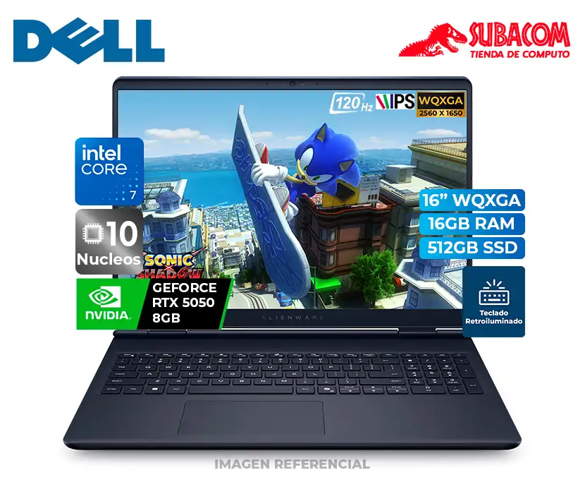 LAPTOP DELL ALIENWARE AURORA, CORE 7-240H, RAM 16GB DDR5, SSD 512GB, RTX 5050 8GB, PANT. 16" 2.5K IPS 120HZ, WIN 11, AZUL