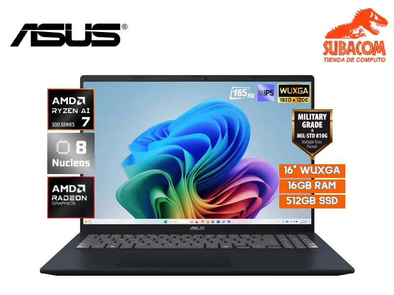 ASUS VIVOBOOK 16 M1607KA-MB050W, AMD RYZEN AI 7-350, RAM 16GB DDR5, SSD 512GB, AMD RADEON GRAPHICS, PANT. 16" WUXGA IPS 60HZ, 3 CELDAS, WINDOWS 11 HOME, COLOR QUIET BLUE STAND-MILITAR 