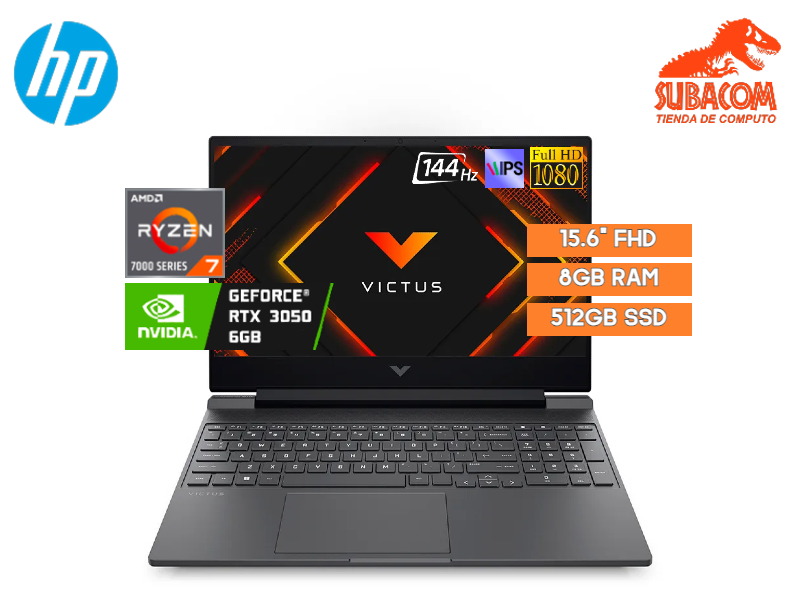 HP VICTUS 15-FB3019LA, RYZEN 7-7445HS, RAM 8GB DDR5, SSD 512GB, RTX 3050 6GB, PANT. 15.6" FHD IPS 144HZ, 3 CELDAS, FREEDOS, NEGRO