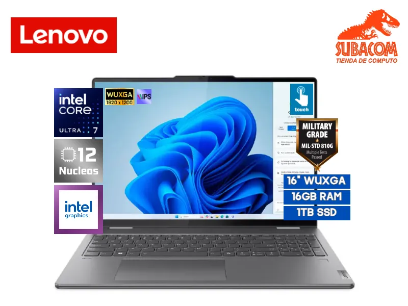LENOVO YOGA 7 2EN1 16IML9, INTEL CORE ULTRA 7 155U, RAM 16GB DDR5, SSD 1TB, INTEL GRAPHICS, 16" WUXGA IPS 60HZ TACTIL, 4 CELDAS, WINDOWS 11 HOME, COLOR STORM GREY STAND-MILITAR