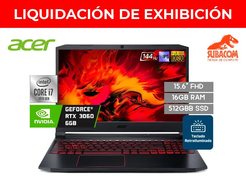LIQUIDACION LAPTOP ACER NITRO 5 AN515-55-78GV, INTEL CORE I7 10750H 5.0 GHZ, RAM 8GB DDR4, SSD 512GB NVME, NVIDIA RTX 3060 6GB, PANT. 15.6" FULL HD IPS 144HZ, WINDOWS 10, COLOR NEGRO.