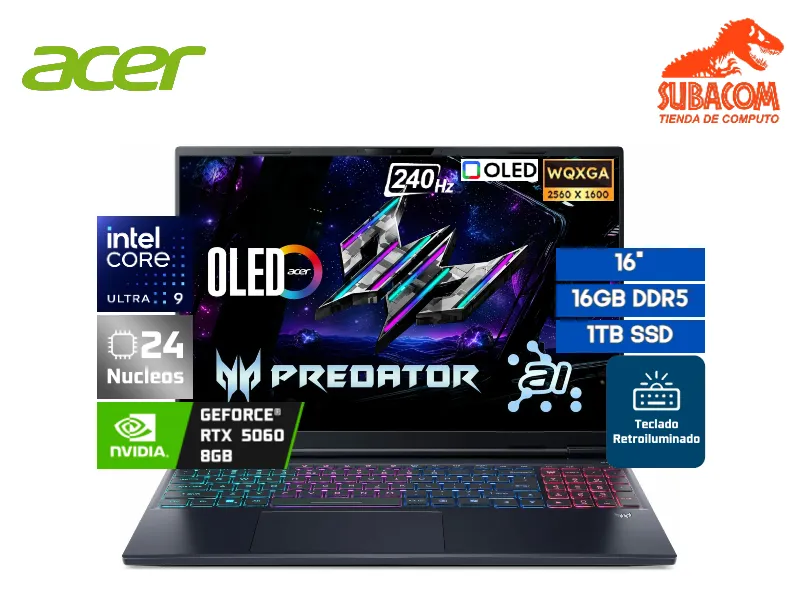 LAPTOP ACER PREDATOR HELIOS NEO 16S, ULTRA 9 275HX, RAM 16GB DDR5, SSD 1TB, RTX 5060 8GB, PANT. 16" 2.5K OLED 240HZ, WIN 11 HOME, NEGRO  