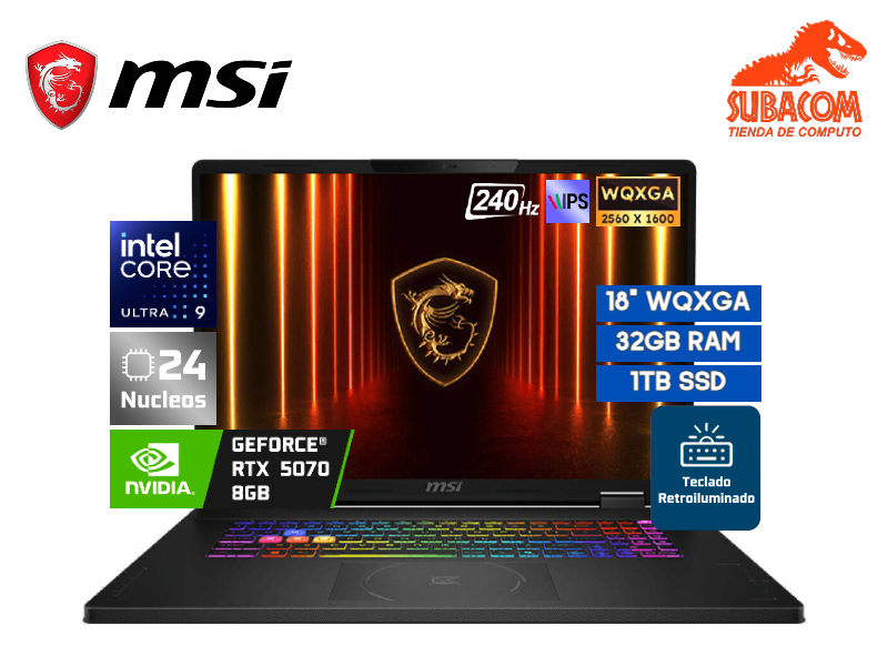 MSI CROSSHAIR 18 HX AI A2XWGKG-012US, INTEL CORE ULTRA 9 275HX, RAM 32GB DDR5, SSD 1TB, NVIDIA RTX 5070 DE 8GB, PANT. 18" 2.5K WQXGA (2560x1600) IPS 240HZ, 4 CELDAS, WINDOWS 11 HOME, COLOR COSMO GRAY