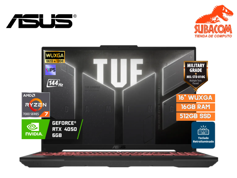 ASUS TUF GAMING A16 FA607NUG-WH73, AMD RYZEN 7-7445HS, RAM 16GB DDR5, SSD 512GB, NVIDIA RTX 4050 DE 6GB, PANT. 16" WUXGA IPS 144HZ, 4 CELDAS, WINDOWS 11 HOME, COLOR NEGRO STAND-MILITAR