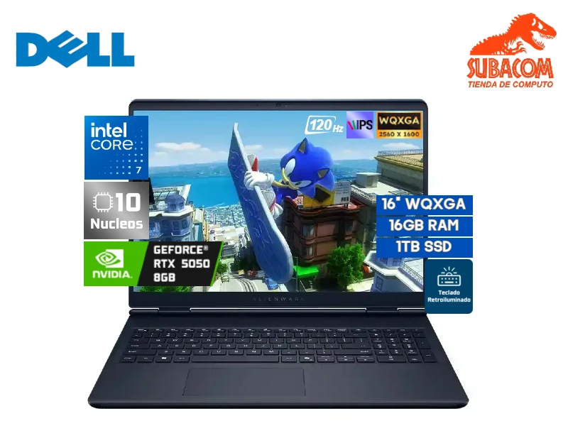 DELL ALIENWARE 16 AURORA , INTEL CORE 7-240H, RAM 16GB DDR5, SSD 1TB, RTX 5050 8GB, PANT. 16" 2.5K WQXGA IPS 120HZ, 6 CELDAS, WIN 11 HOME, AZUL