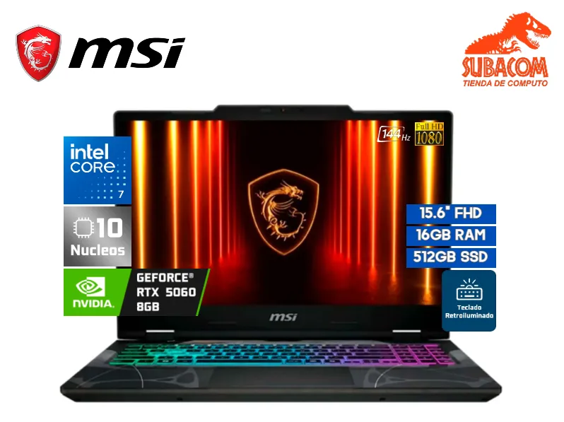 MSI CYBORG 15 B2RWFKG-071US, INTEL CORE 7 240H, RAM 16GB (2*8) DDR5, SSD 512GB, NVIDIA RTX 5060 DE 8GB, PANT. 15.6" FULL HD 144HZ, 4 CELDAS, WINDOWS 11 HOME, COLOR NEGRO