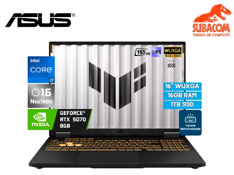 ASUS TUF GAMING F16 FX608JPR-WH74, INTEL CORE I7-14650HX, RAM 16GB DDR5, SSD 1TB, NVIDIA RTX 5070 DE 8GB, PANT. 16" WUXGA IPS 165HZ, 4 CELDAS, WINDOWS 11 HOME, COLOR NEGRO