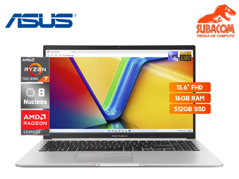 ASUS VIVOBOOK 15 M1502YA-BQ285, AMD RYZEN 7-7730U, RAM 16GB DDR4, SSD 512GB, AMD RADEON GRAPHICS, PANT. 15.6" FULL HD IPS 60HZ, 3 CELDAS, ESPAÑOL, FREEDOS, COLOR PLATEADO