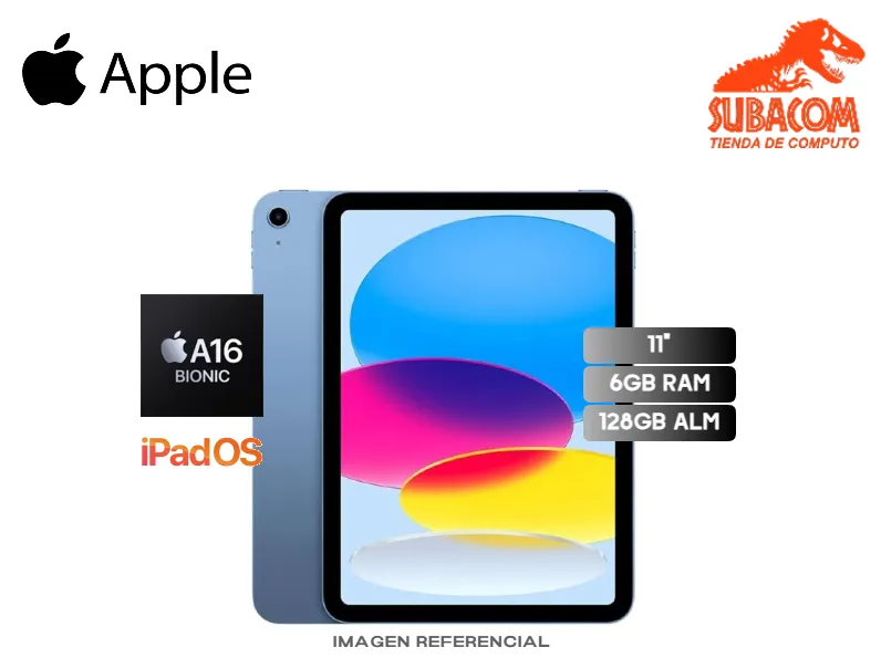 APPLE IPAD A16 MD4A4LL/A, A16 BIONIC, RAM 6GB, ALMACENAMIENTO 128GB, PANT. 11" (2360x1640) LIQUID RETINA, IPADOS 18, COLOR AZUL