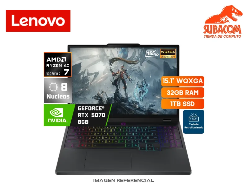 LENOVO LEGION 5 15AKP10, AMD RYZEN AI 7 350, RAM 32GB (2*16) DDR5, SSD 1TB, NVIDIA RTX 5070 DE 8GB, PANT. 15.1" 2.5K WQXGA (2560x1600) OLED 165HZ, ESPAÑOL, 4 CELDAS, FREEDOS, COLOR NEGRO