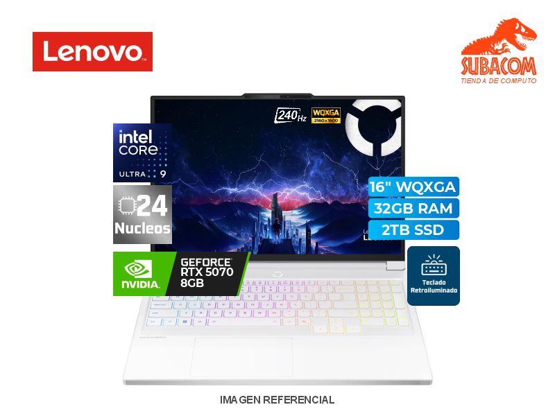 LENOVO LEGION 7 16IAX10, INTEL CORE ULTRA 9 275HX, RAM 32GB (2*16) DDR5, SSD 2TB (2*1TB), NVIDIA RTX 5070 DE 8GB, PANT. 16" 2.5K WQXGA (2560x1600) OLED 240HZ, ESPAÑOL, 4 CELDAS, FREEDOS, COLOR BLANCO