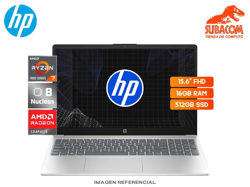 HP 15-FC0275LA, AMD RYZEN 7-7730U, RAM 16GB DDR4, SSD 512GB, AMD RADEON GRAPHICS, PANT. 15.6" FULL HD, 3 CELDAS, FREEDOS, COLOR PLATEADO TAPA DORADA