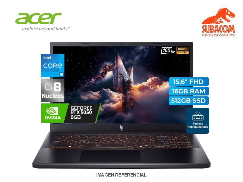 LAPTOP ACER NITRO V15, I5-13420H, RAM 16GB DDR4, SSD 512GB, RTX 5050 8GB, PANT. 15.6" FHD 165HZ, 4 CELDAS, WIN 11 HOME, NEGRO