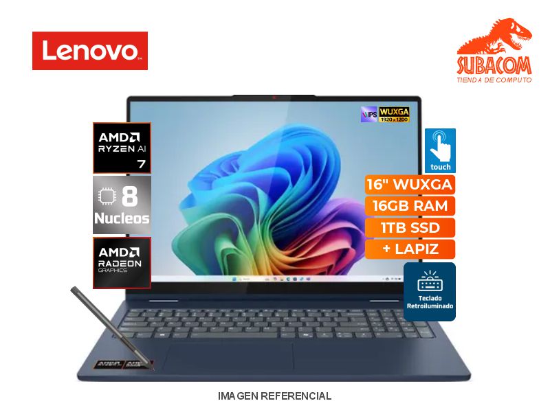 LENOVO IDEAPAD 5 2EN1 16AKP10, RYZEN AI 7 350, RAM 16GB DDR5, SSD 1TB, PANT. 16" WUXGA IPS TACTIL, 3 CEL, WIN 11, COSMIC BLUE + LAPIZ ORIGINAL