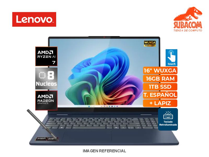 LENOVO IDEAPAD 5 2EN1 16AKP10, AMD RYZEN AI 7 350, RAM 16GB DDR5, SSD 1TB, AMD RADEON 860M GRAPHICS, PANT. 16" WUXGA IPS 60HZ TACTIL, 3 CELDAS, WINDOWS 11 HOME, COLOR COSMIC BLUE + LAPIZ ORIGINAL