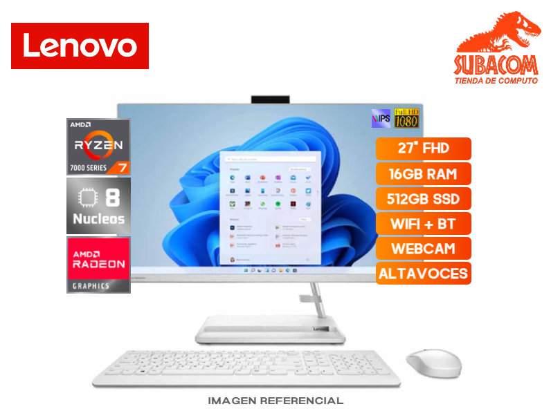 LENOVO IDEACENTRE AIO 27ALC6 ALL IN ONE, AMD RYZEN 7-7730U, RAM 16GB (2*8) DDR4, SSD 512GB, AMD RADEON GRAPHICS, PANT. 27" FULL HD IPS 60HZ, FREEDOS, COLOR BLANCO + TECLADO Y MOUSE USB