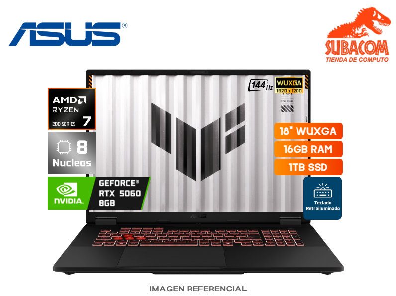 ASUS TUF GAMING A18 FA808UM-IS74, AMD RYZEN 7 260, RAM 16GB (2*8) DDR5, SSD 1TB, NVIDIA RTX 5060 DE 8GB, PANT. 18" WUXGA 144HZ, 4 CELDAS, WINDOWS 11 HOME, COLOR NEGRO