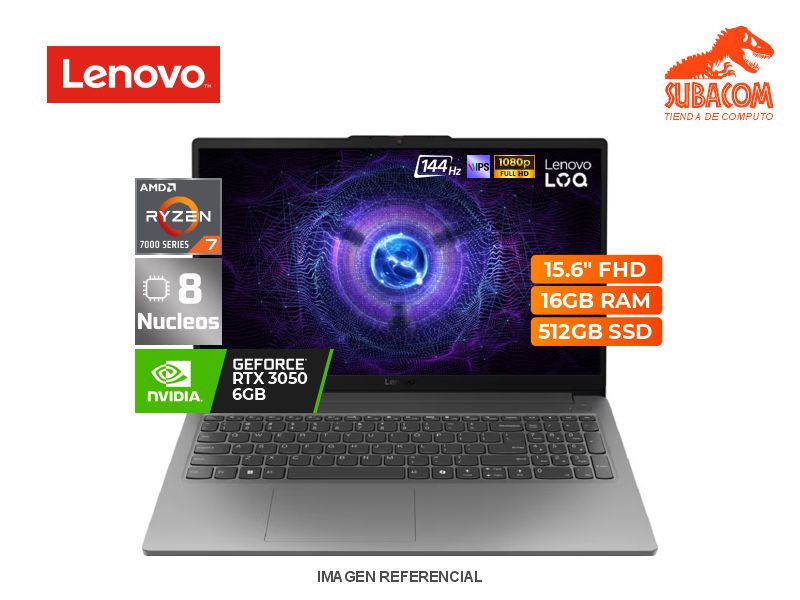 LENOVO LOQ 15ARP10E, AMD RYZEN 7-7735HS, RAM 16GB DDR5, SSD 512GB, NVIDIA RTX 3050 DE 6GB, PANT. 15.6" FULL HD IPS 144HZ, 3 CELDAS, FREEDOS, COLOR LUNA GREY
