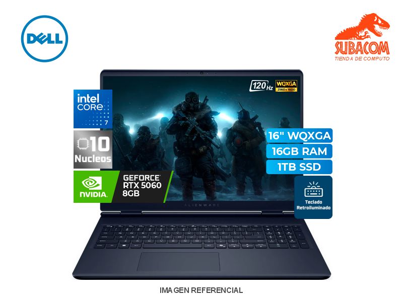 DELL ALIENWARE 16 AURORA LAC16250-7193BLU-PUS, INTEL CORE 7-240H, RAM 16GB DDR5, SSD 1TB, NVIDIA RTX 5060 DE 8GB, PANT. 16" 2.5K WQXGA (2560x1600) IPS 120HZ, 6 CELDAS, WINDOWS 11 HOME, COLOR AZUL