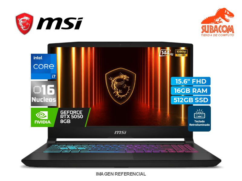 MSI KATANA 15 HX B14WEK-001US, INTEL CORE I7-14650HX, RAM 16GB (2*8) DDR5, SSD 512GB, NVIDIA RTX 5050 DE 8GB, PANT. 15.6" FULL HD IPS 144HZ, INGLES, 3 CELDAS, WINDOWS 11 HOME, COLOR NEGRO