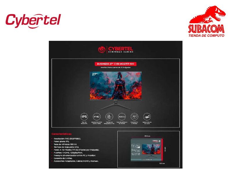 MONITOR GAMER PLANO CYBERTEL BUSINESS, 27" FULL HD, IPS, 100HZ, 3MS, HDMI, DP, COLOR NEGRO 1