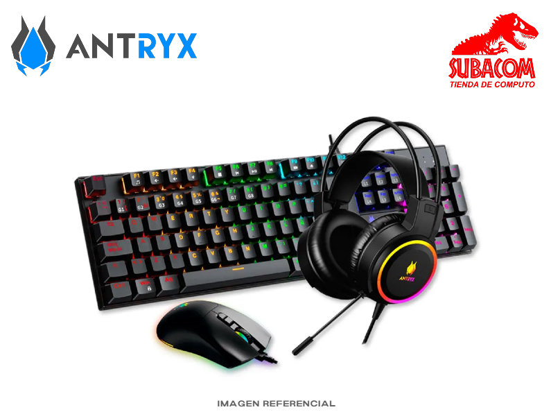 KIT GAMER ANTRYX GC-3100 X3, TECLADO MECANICO + MOUSE + AUDIFONOS, SWITCH BLUE, RGB, COLOR NEGRO