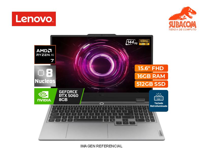 LAPTOP LENOVO LOQ, RYZEN 7 250, RAM 16GB DDR5, SSD 512GB, NVIDIA RTX 5060 DE 8GB, PANT. 15.6" FHD IPS 144HZ, 4 CELDAS, WIN 11 HOME, LUNA GREY