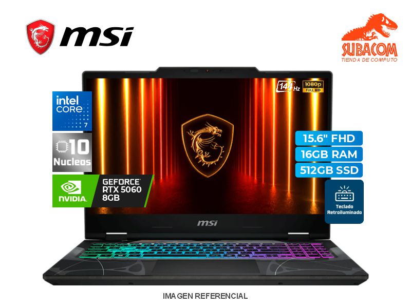 LAPTOP MSI CYBORG 15, CORE 7 240H, RAM 16GB DDR5, SSD 512GB, RTX 5060 8GB, PANT. 15.6" FHD IPS 144HZ, 4 CELDAS, WIN 11 HOME, NEGRO