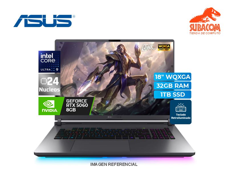 LAPTOP ASUS ROG STRIX G18, ULTRA 9 275HX, RAM 32GB DDR5, SSD 1TB, RTX 5060 8GB, PANT. 18" 2.5K WQXGA IPS 240HZ, 4 CELDAS, WIN 11 HOME, NEGRO