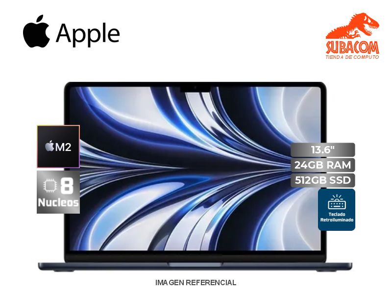 APPLE MACBOOK AIR 13 Z1HN0E/A, CHIP M2, RAM 24GB, SSD 512GB, PANT. 13.6" (2560x1664) LIQUID RETINA, ESPAÑOL, MACOS, COLOR MIDNIGHT