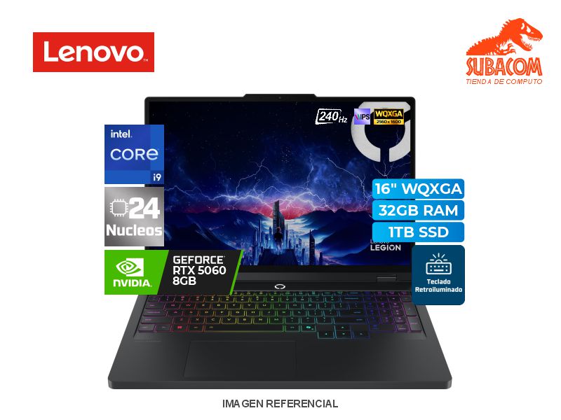LENOVO LEGION PRO 5, I9-14900HX, RAM 32GB DDR5, SSD 1TB, RTX 5060 8GB, PANT. 16" 2.5K WQXGA IPS 240HZ, 4 CELDAS, FREEDOS, ECLIPSE BLACK