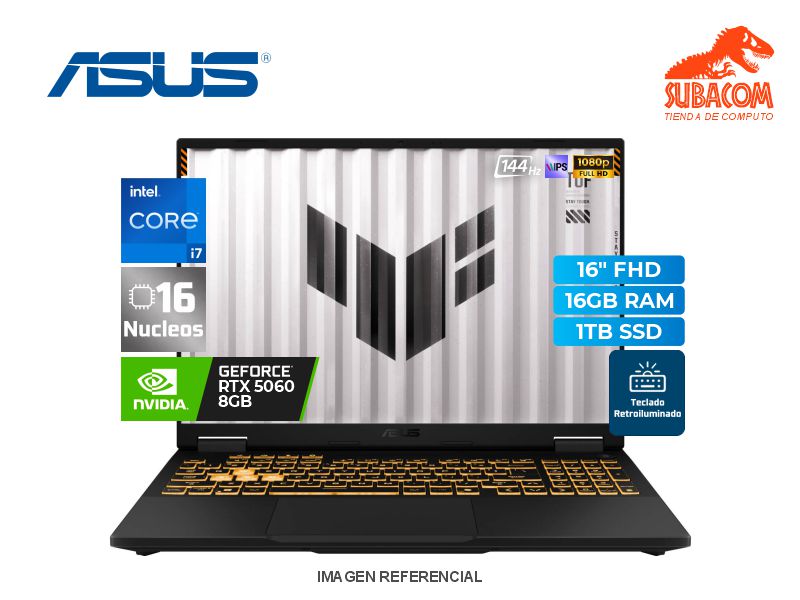LAPTOP ASUS TUF GAMING F16, I7-14650HX, RAM 16GB DDR5, SSD 1TB, PANT. 16" FULL HD 165HZ, RTX 5060 8GB, 4 CELDAS, FREEDOS, NEGRO