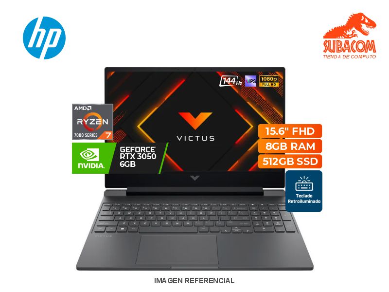 Laptop HP Victus 15, AMD Ryzen 7-7445HS, 8GB RAM, 512GB SSD, RTX 3050 6GB, Pant. 15.6" FHD IPS 144Hz