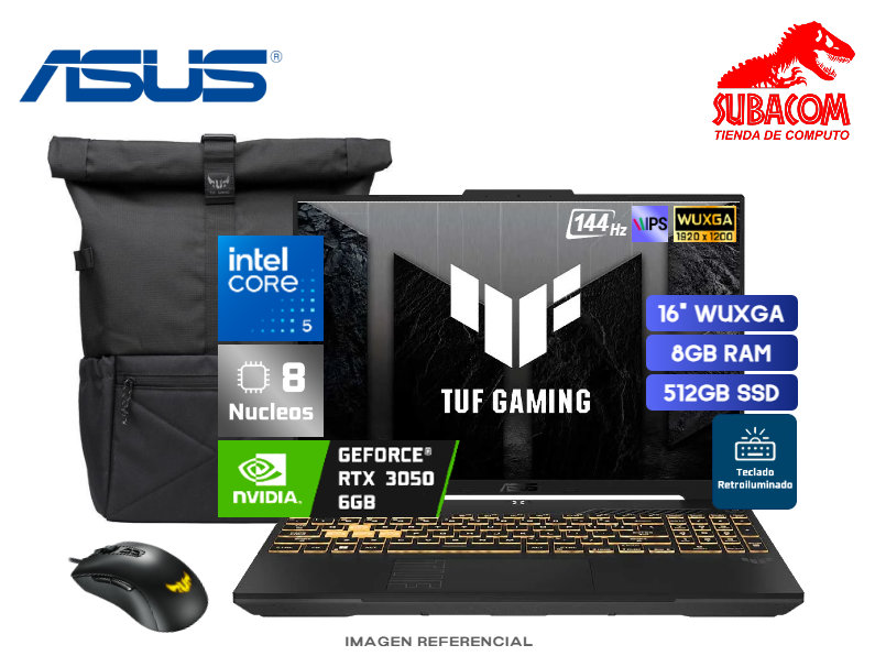 ASUS TUF GAMING F16, CORE 5 210H, RAM 8GB DDR4, SSD 512GB, RTX 3050 6GB, PANT. 16" WUXGA 144HZ IPS, ESPAÑOL, 4 CELDAS, FREEDOS, MECHA GRAY + MOCHILA Y MOUSE ASUS TUF