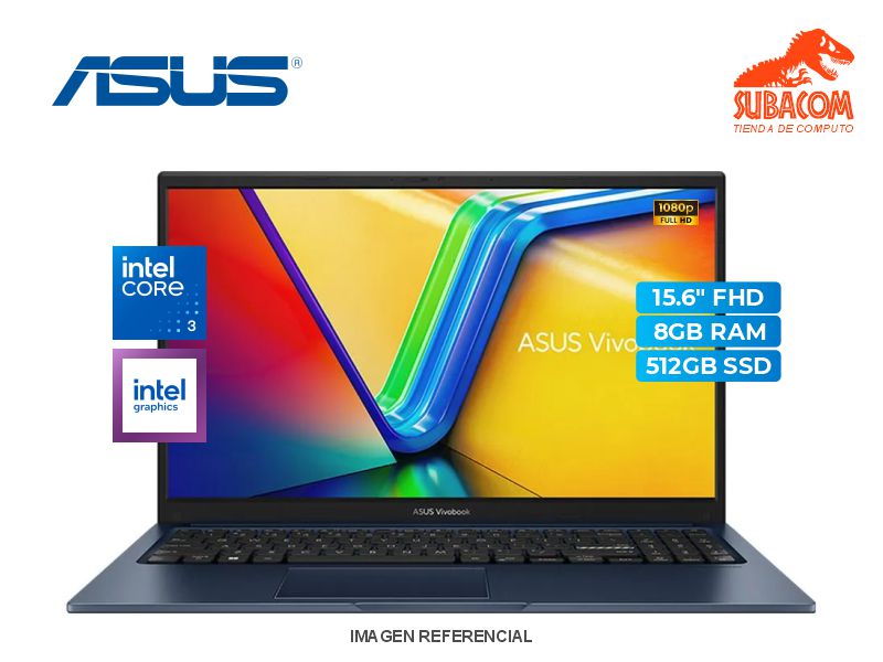 LAPTOP ASUS VIVOBOOK, CORE 3 100U, RAM 8GB DDR5, SSD 512GB, PANT 15.6" FHD, 3 CELDAS, FREEDOS, ESPAÑOL, QUIET BLUE
