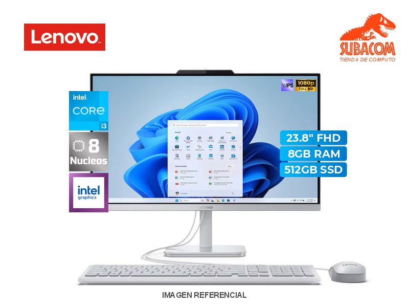 LENOVO ALL IN ONE A100, I3-N305, RAM 8GB DDR4, SSD 512GB, PANT. 23.8" FHD IPS, FREEDOS, COLOR GREY + TECLADO Y MOUSE USB