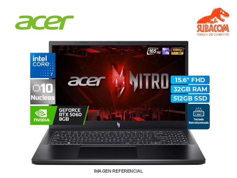 LAPTOP ACER NITRO V15 CORE 7 240H, RAM 32GB DDR4, SSD 512GB, RTX 5060 8GB, PANT. 16" FHD 165HZ, FREEDOS, NEGRO