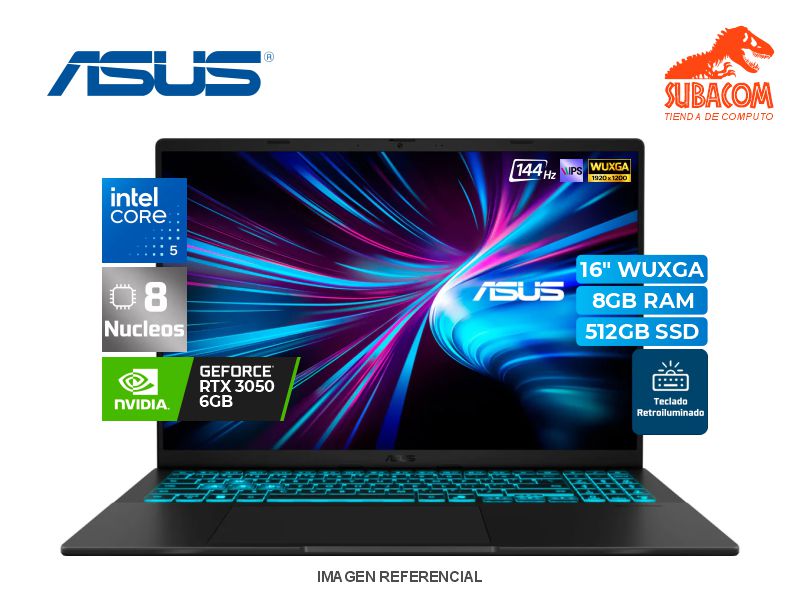 ASUASUS V16 V3607VJ-RP067W, INTEL CORE 5 210H, RAM 8GB DDR5, SSD 512GB, NVIDIA RTX 3050 6GB, PANT. 16" WUXGA IPS 144HZ, ESPAÑOL, 3 CELDAS, WINDOWS 11 HOME, COLOR MATTE BLACK