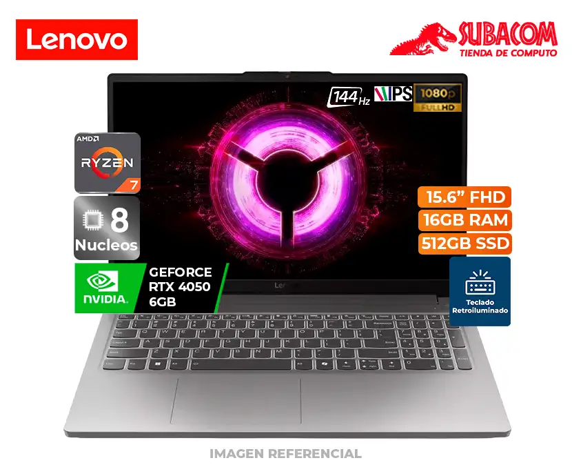 LENOVO LOQ ESSENTIAL, RYZEN 7-7735HS, RAM 16GB DDR5, SSD 512GB, RTX 4050 6GB, PANT. 15.6" FHD 144HZ, INGLES, WIN 11, LUNA GREY
