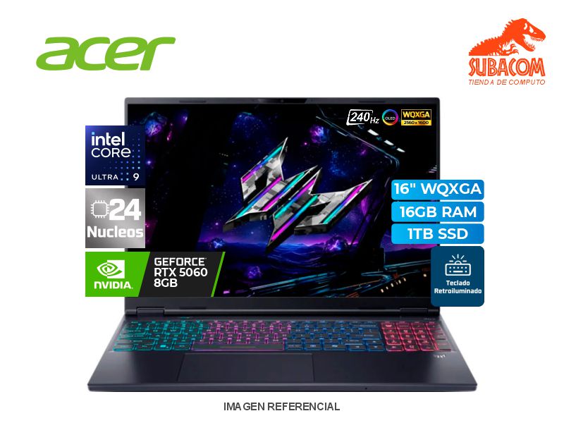 ACER PREDATOR HELIOS NEO 16, ULTRA 9 275HX, RAM 16GB DDR5, SSD 1TB, RTX 5060 8GB, PANT. 16" 2.5K OLED 240HZ, WIN 11 HOME, NEGRO