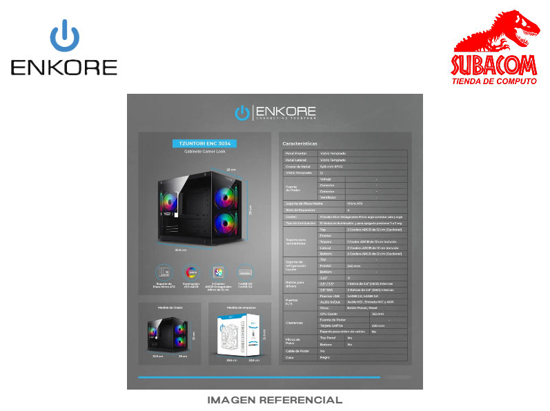 CASE GAMER, ENKORE, ENC3034, TZUNTORI, 3FAN, ARGB, COLOR NEGRO  1
