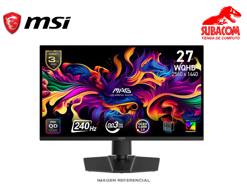 MONITOR GAMER PLANO MSI MAG 271QP QD-OLED-X24, 26.5" 2K 2560x1440 (WQHD), OLED, 240HZ, 0.03MS, AMD FREESYNC, HDMI, DP, USB-C, COLOR NEGRO