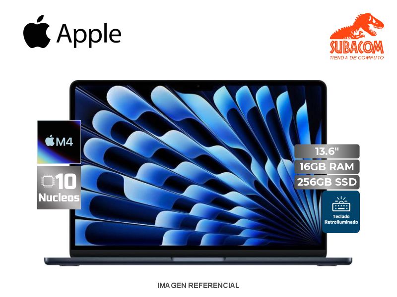 APPLE MACBOOK AIR M4 2025, RAM 16GB, SSD 256GB, PANT. 13.6" 2.5K (2560x1664) LIQUID RETINA, RETROILUMINADO, MACOS SEQUOIA, MIDNIGHT