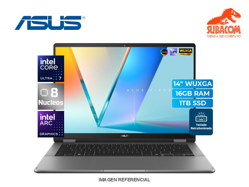 ASUS VIVOBOOK 14 FLIP, ULTRA 7 256V, RAM 16GB DDR5, SSD 1TB, PANT. 14" WUXGA OLED TACTIL, 4 CEL, WIN 11 , MATTE GRAYM