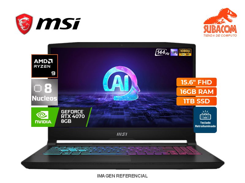 MSI KATANA A15 AI , RYZEN 9-8945HS, RAM 16GB DDR5, SSD 1TB, RTX 4070 8GB, PANT. 15.6" FHD IPS 144HZ, WIN 11, NEGRO